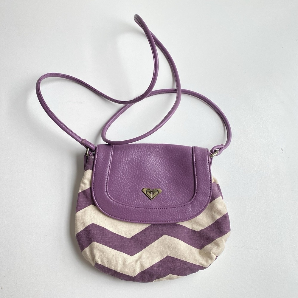 Roxy Small Purple Chevron‎ Crossbody Purse Bag Canvas Faux Leather Zip Y2K